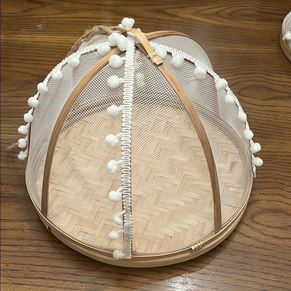Bamboo Food Covers‎ with White Pom Poms
